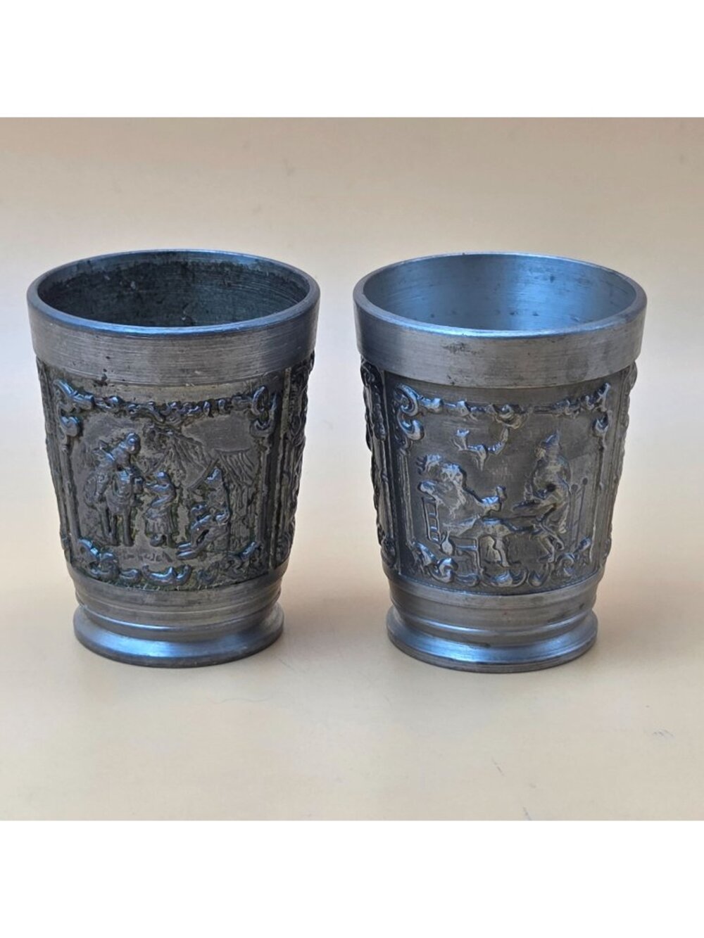 Vogel Rein Zinn German Pewter Tavern Shot Glasses Set of 2 Embossed Folk Scenes